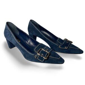 Prada Navy Blue Suede Silver Buckle Detail Classic Pumps